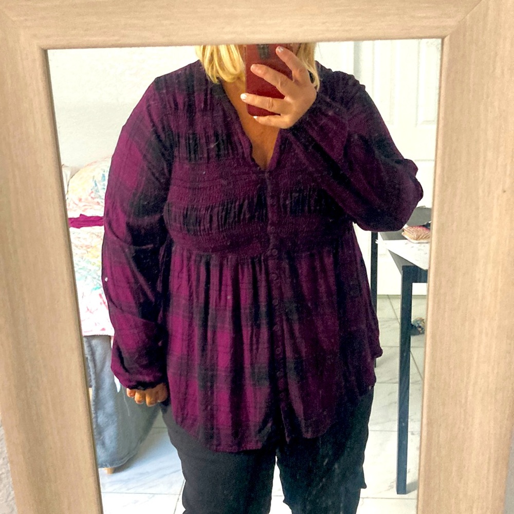 Torrid long sleeve purple and black plaid top